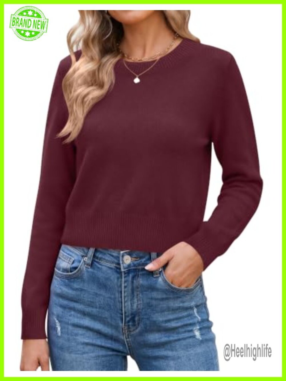 Women's Cropped Crewneck Long Sleeve Knit Sweater Pullover Fall Top